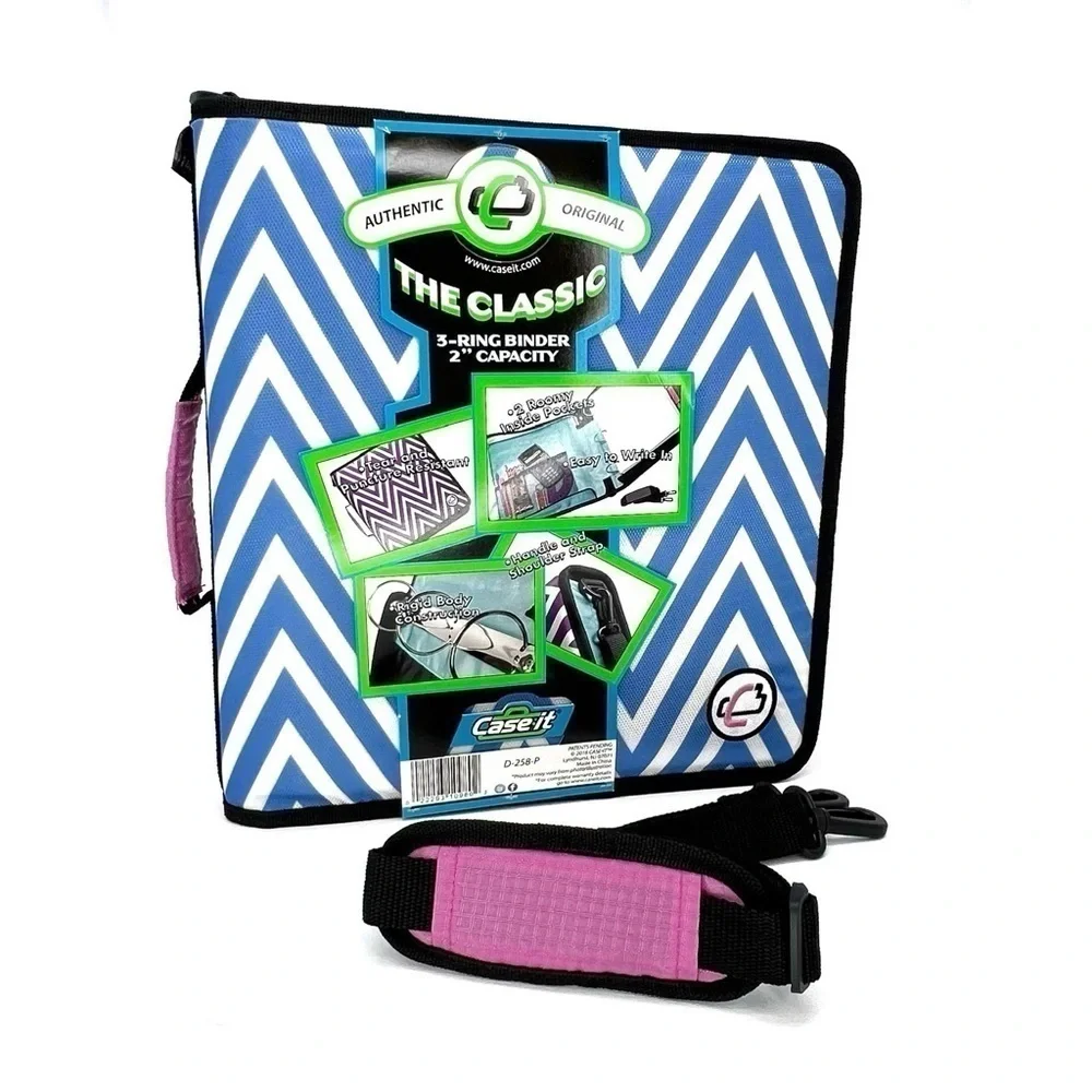 Case-It “The Classic” 2” Three Ring Binder Blue & White Chevron Pink 3 New NWT